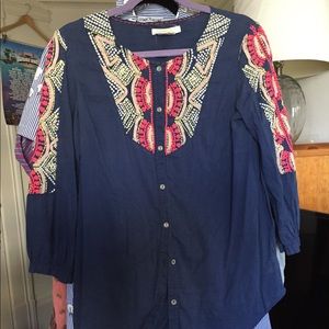 Anthro - Hei Hei | Navy Blue Embroidered Boho Blouse